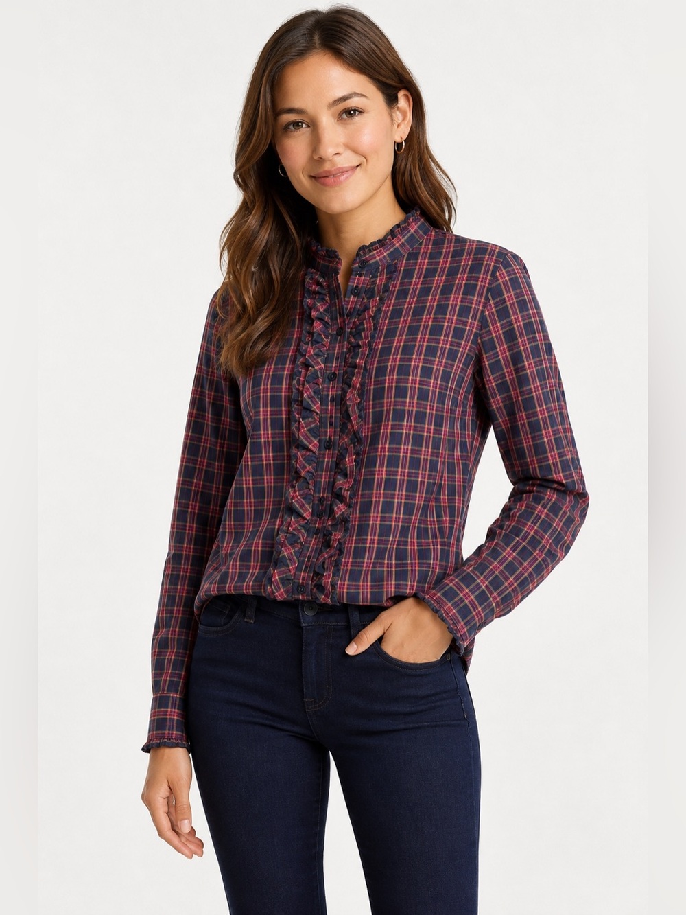 Beretta Ruffle Front Plaid Button Down Shirt Women’s 4 Navy Magenta Cotton